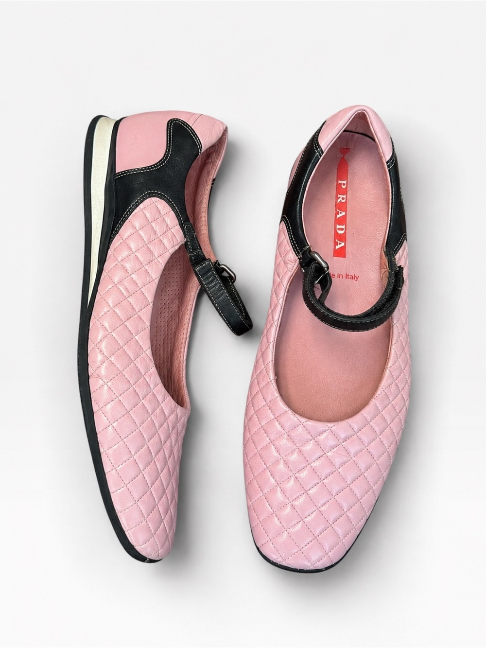 Vintage Y2K Prada Sport Pink Quilted Leather Mary Jane Ballet Sneaker Flats 37.5